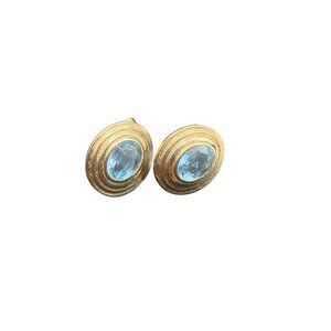 Vintage Blue Topaz Earrings 14k Gold Triple Oval Shaped Studs Statement Earrings